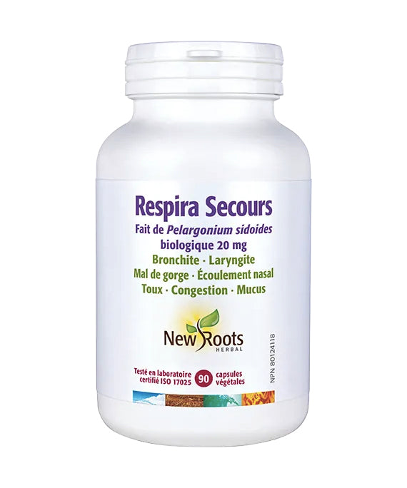 Respira Secours - Bronchite, laryngite, mal de gorges, écoulement nasal, toux, congestion - New Roots - 90 capsules